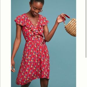 Anthropologie Maeve Rosalia Faux Wrap Ruffle Red Floral Dress 6